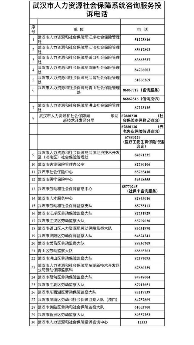 好消息！武汉市人社局对外公布咨询服务投诉电话