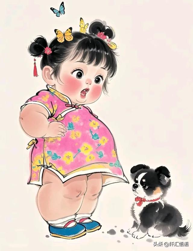 小女孩身着鲜艳的旗袍,温柔地与脚边的小狗对话,画面充满温馨