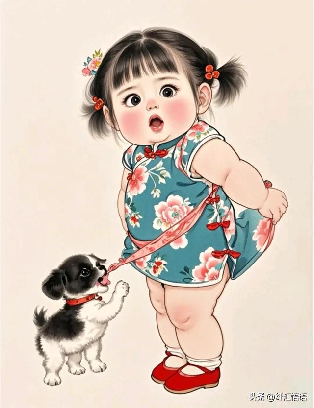 小女孩身着鲜艳的旗袍,温柔地与脚边的小狗对话,画面充满温馨