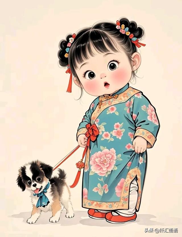 小女孩身着鲜艳的旗袍,温柔地与脚边的小狗对话,画面充满温馨