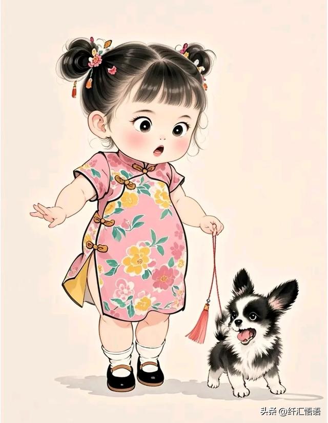 小女孩身着鲜艳的旗袍,温柔地与脚边的小狗对话,画面充满温馨