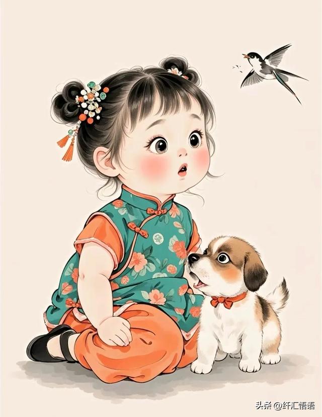 小女孩身着鲜艳的旗袍,温柔地与脚边的小狗对话,画面充满温馨