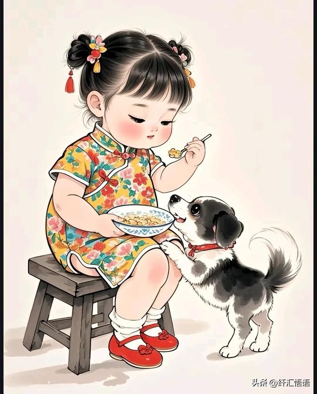 小女孩身着鲜艳的旗袍,温柔地与脚边的小狗对话,画面充满温馨