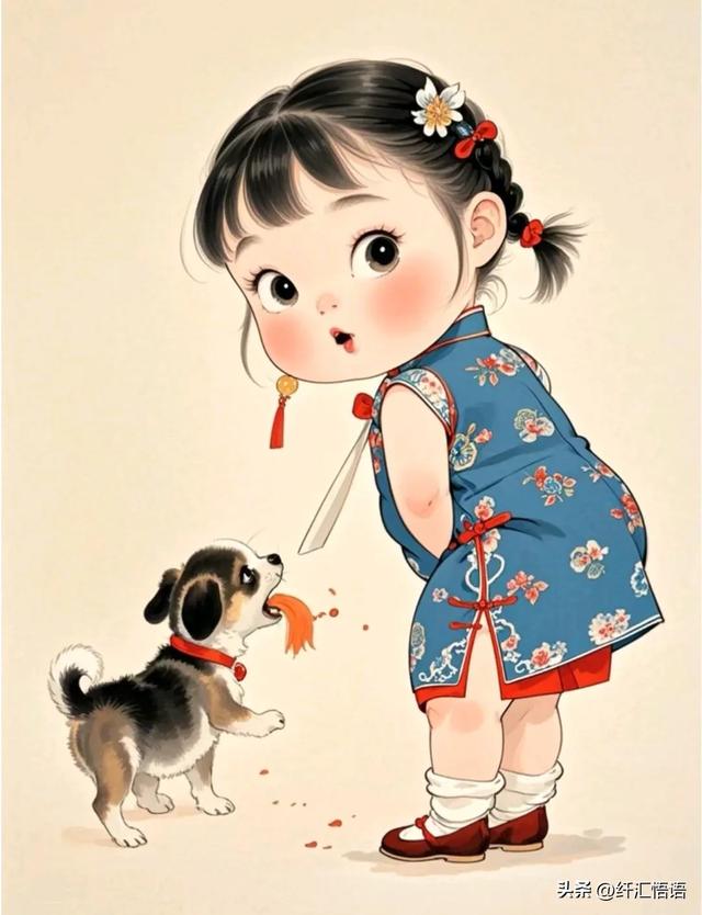 小女孩身着鲜艳的旗袍,温柔地与脚边的小狗对话,画面充满温馨