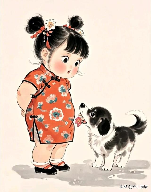 小女孩身着鲜艳的旗袍,温柔地与脚边的小狗对话,画面充满温馨