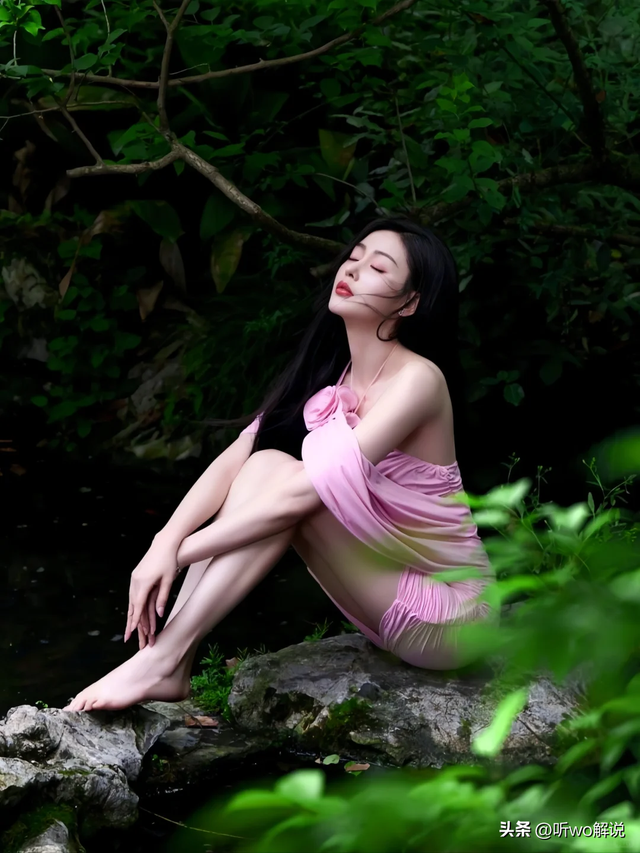 张天爱身穿粉色露肩短裙,光着脚丫在池畔戏水,很是娇艳迷人~