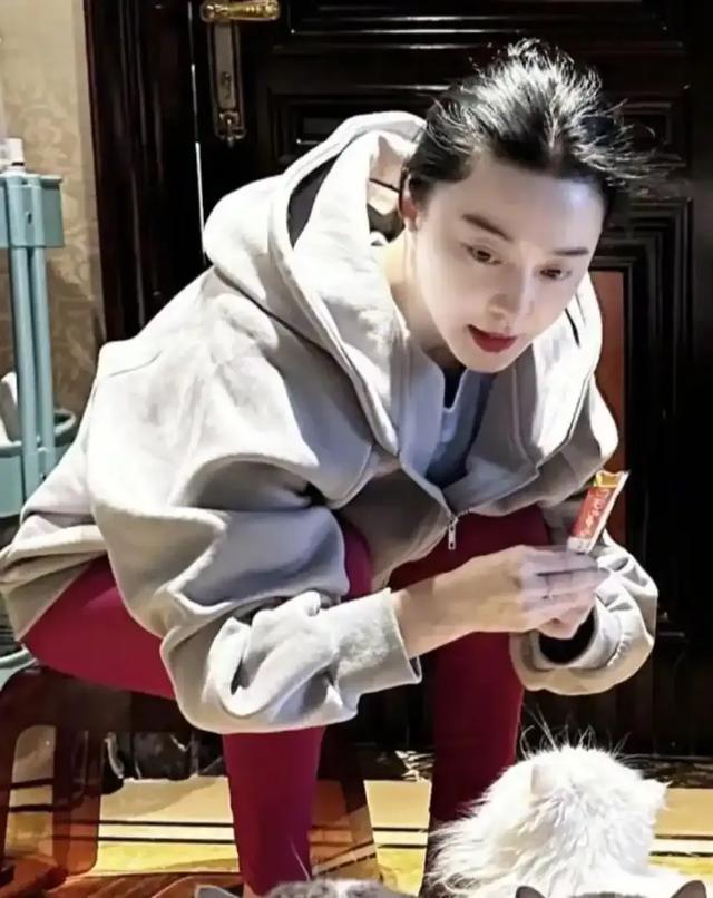 44 岁范冰冰素颜撸猫，红秋裤配卫衣在自家豪宅放飞自我