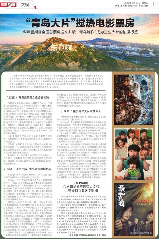 暑期档全国总票房迎来井喷！“青岛大片”搅热电影票房