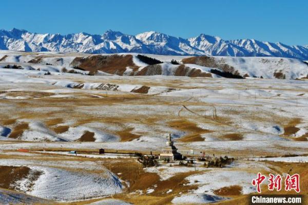 祁连山下冬雪皑皑牛羊漫步景如画