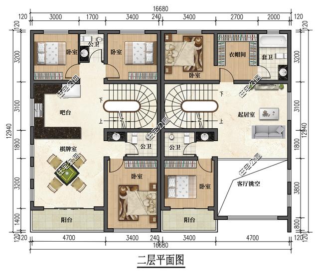 16×13米二层双拼房，书房+茶室+挑空客厅，左右都有个性化设计