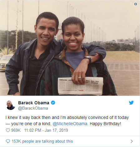 米歇尔56岁生日 奥巴马深情表白，不忘晒图“秀恩爱”