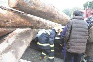 货车避电动车侧翻(大货车为避让电动车发生侧翻 满车圆木砸向对面的电动车和轿车)