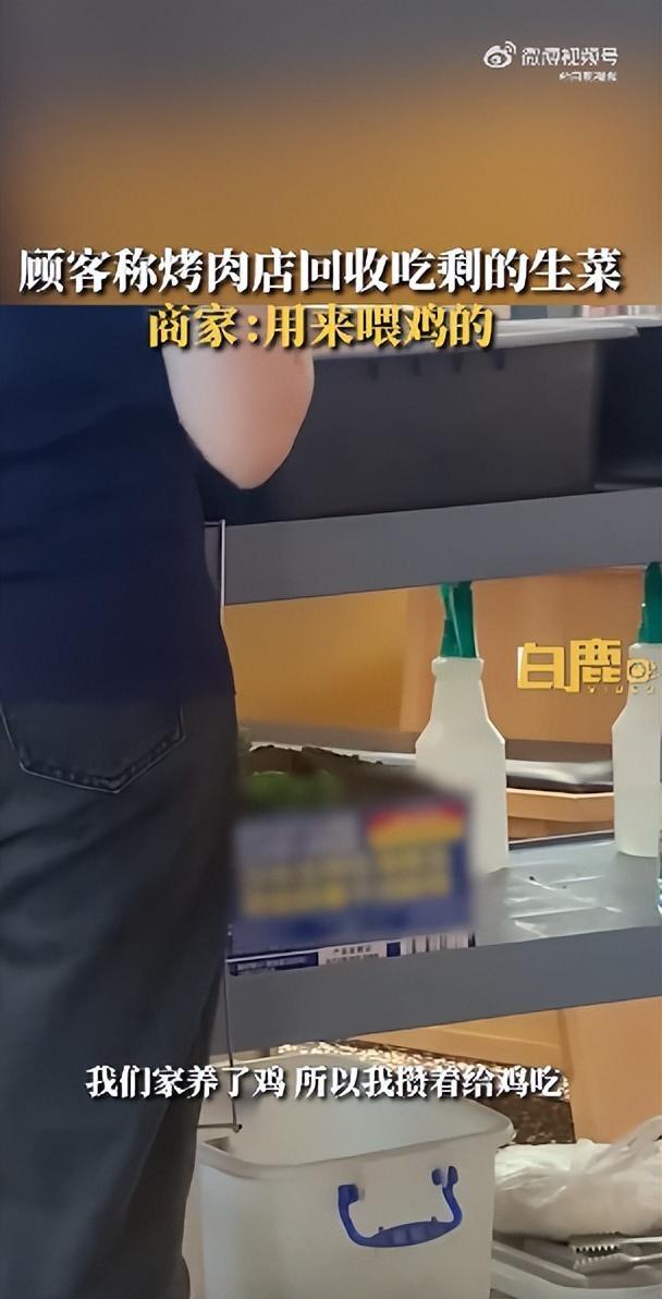 顾客发视频称看到烤肉店回收吃剩的生菜，店员回应：用来喂鸡的，我们家养了鸡，攒着给鸡吃