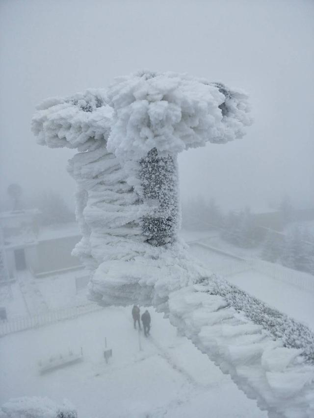 「风雪中的气象工作者」当气象设备冻成冰雕……