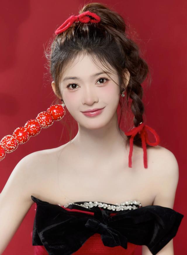 甜美红裙少女,手持糖葫芦,散发迷人气息