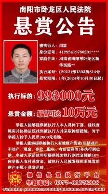 闫震(卧龙区人民法院悬赏公告最高悬赏10万元寻找被执行人相关线索)