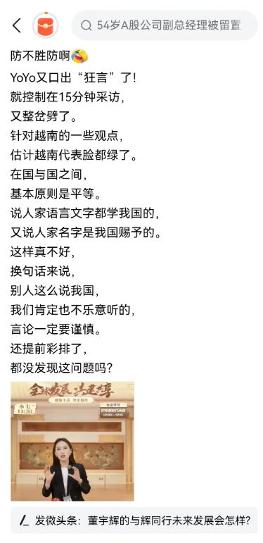 甄选风波再起! 一姐YOYO口无遮拦,直播间解读越南,砸场子专业户