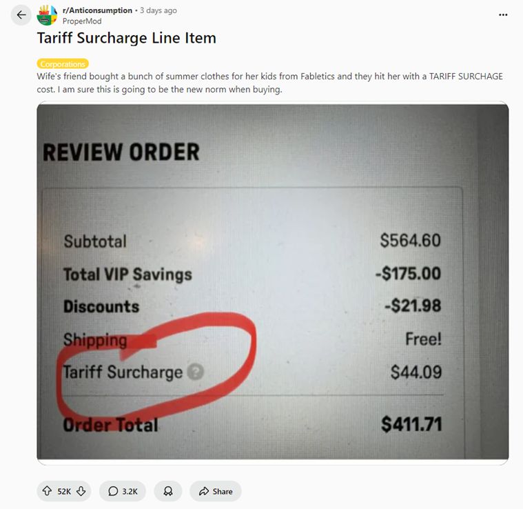 购物小票出现“关税附加费”!美国网友开始“对账”,有人建议……
